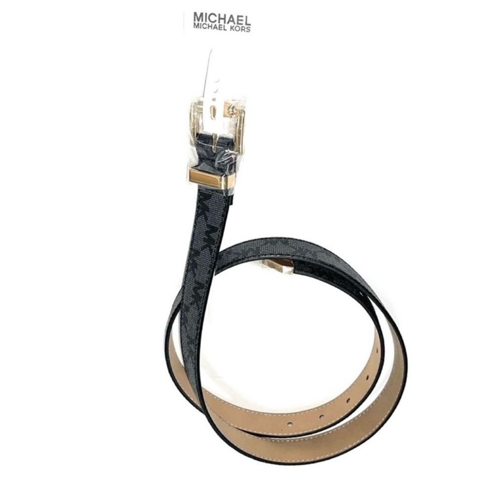 Michael Kors Women’s Gold-tone square buckle MK logo printed Belt. NWT Sz Small - Picture 2 of 14